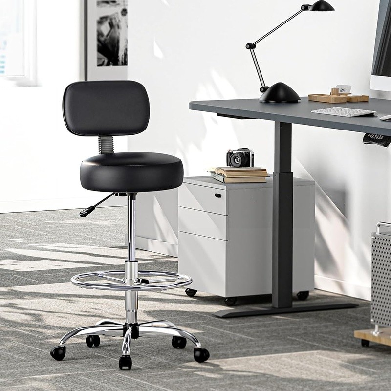 Adjustable Height Drafting Stool Chair W/ Comfortable PVC Cushion & Stable Base