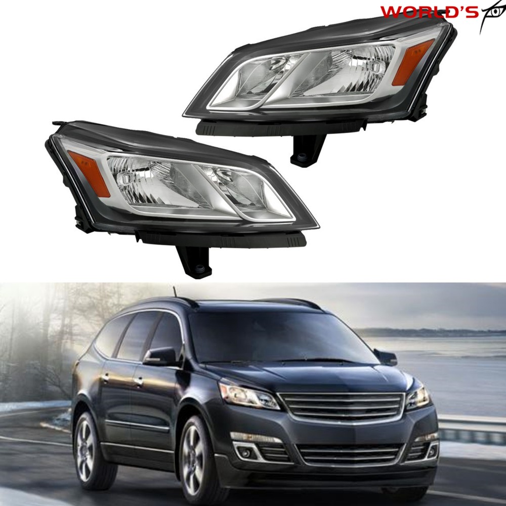 Left+Right Halogen Headlight For Chevrolet Traverse 2013-2017 Black Chrome Bezel