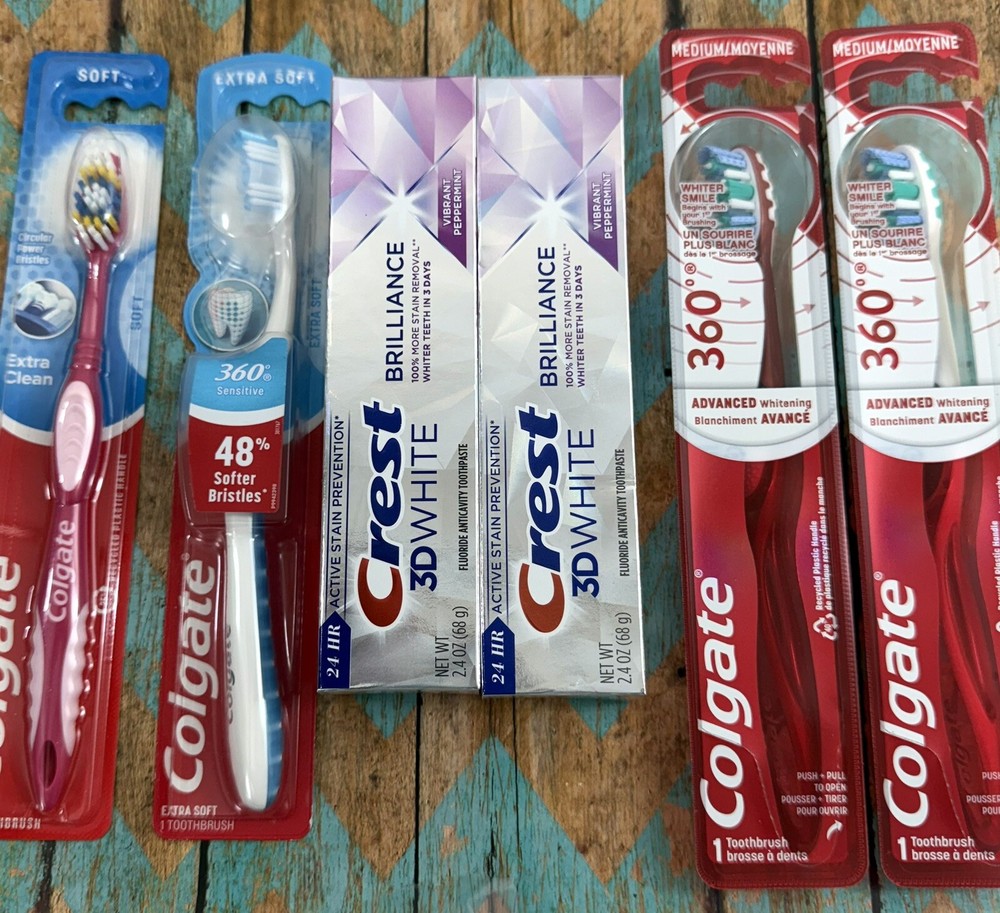 2)CREST 3D WHITE Toothpaste Mint 6/27 +4)COLGATE 360 Toothbrushes Extra,Soft,Med