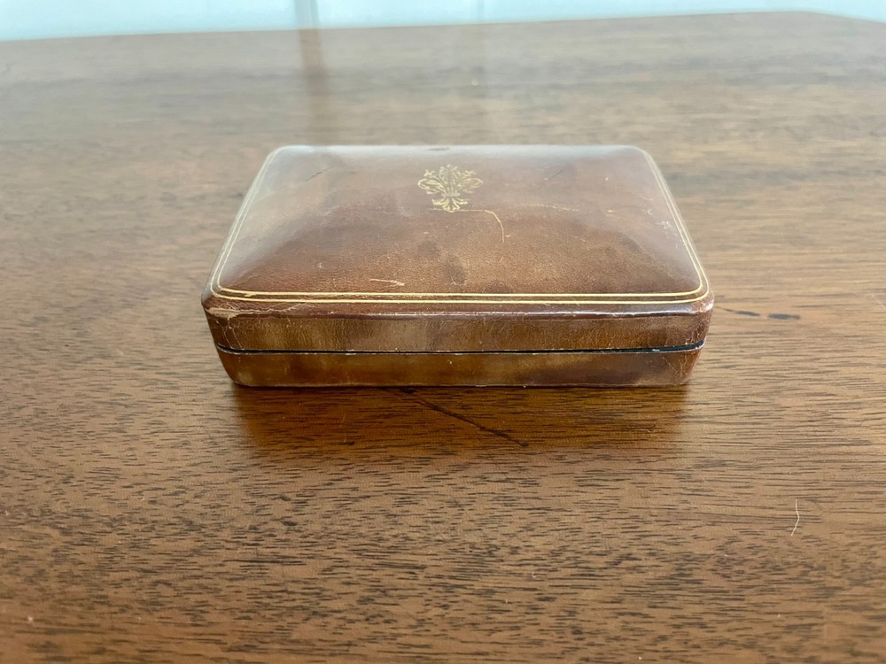 Leather Wrapped Box Early 20th C. w/ Gilded Fleur-de-lis