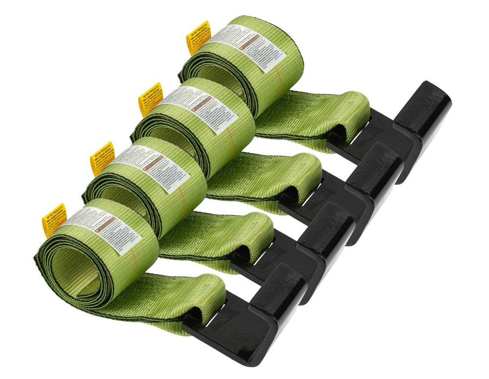 (4 Pack) 4" x 5' Roll Off Container Green Winch Strap w/ Large Flat Hook for ...