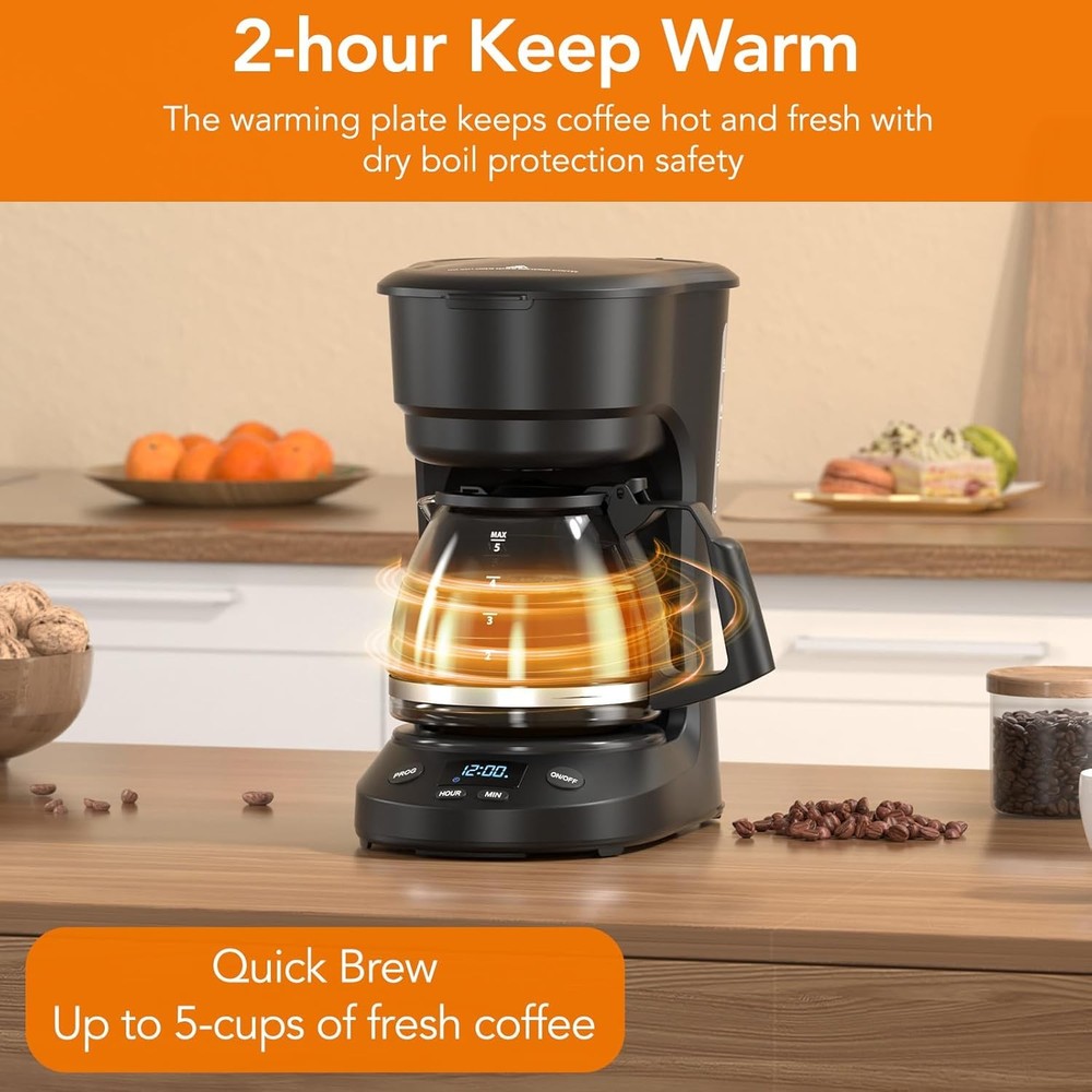 5 Cup Programmable Drip Coffee Maker w/ Timer Auto Shut-Off Black