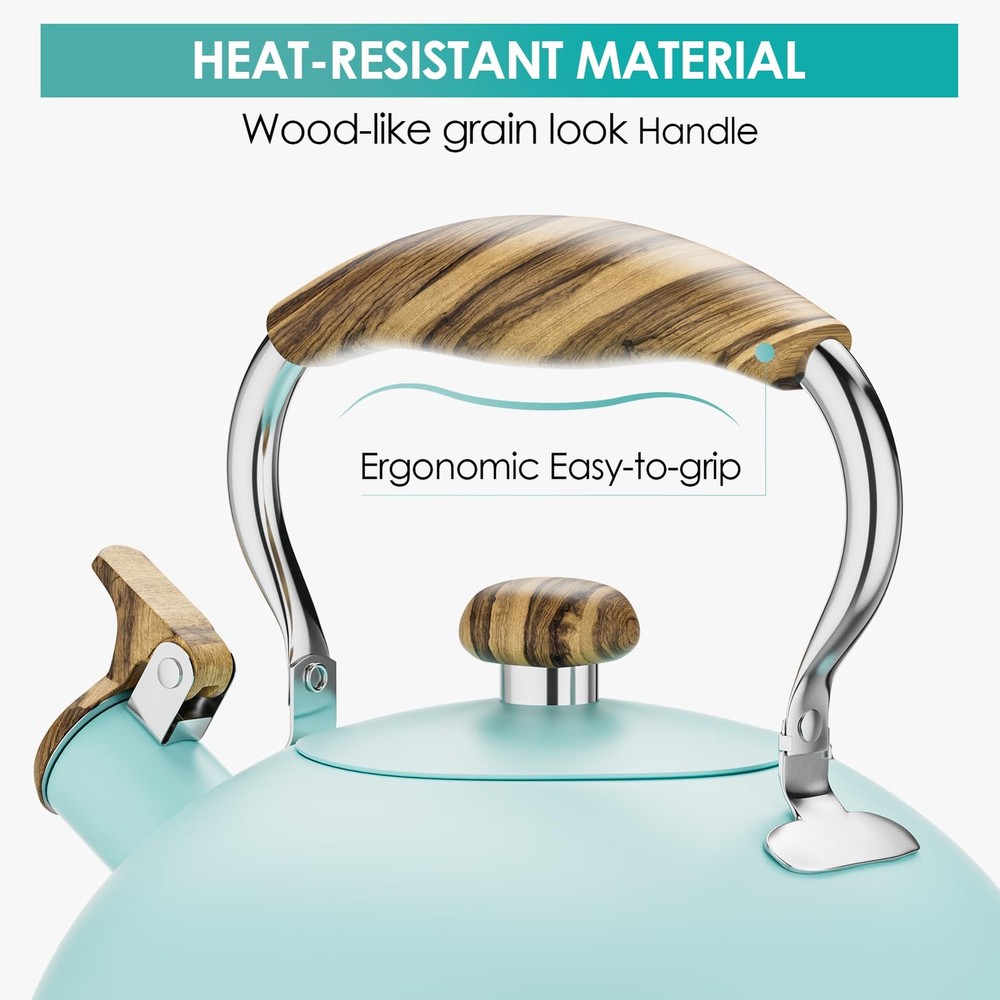 2.6 Quart Tea Kettle Stovetop Whistling Stainless Steel Wood Pattern Blue