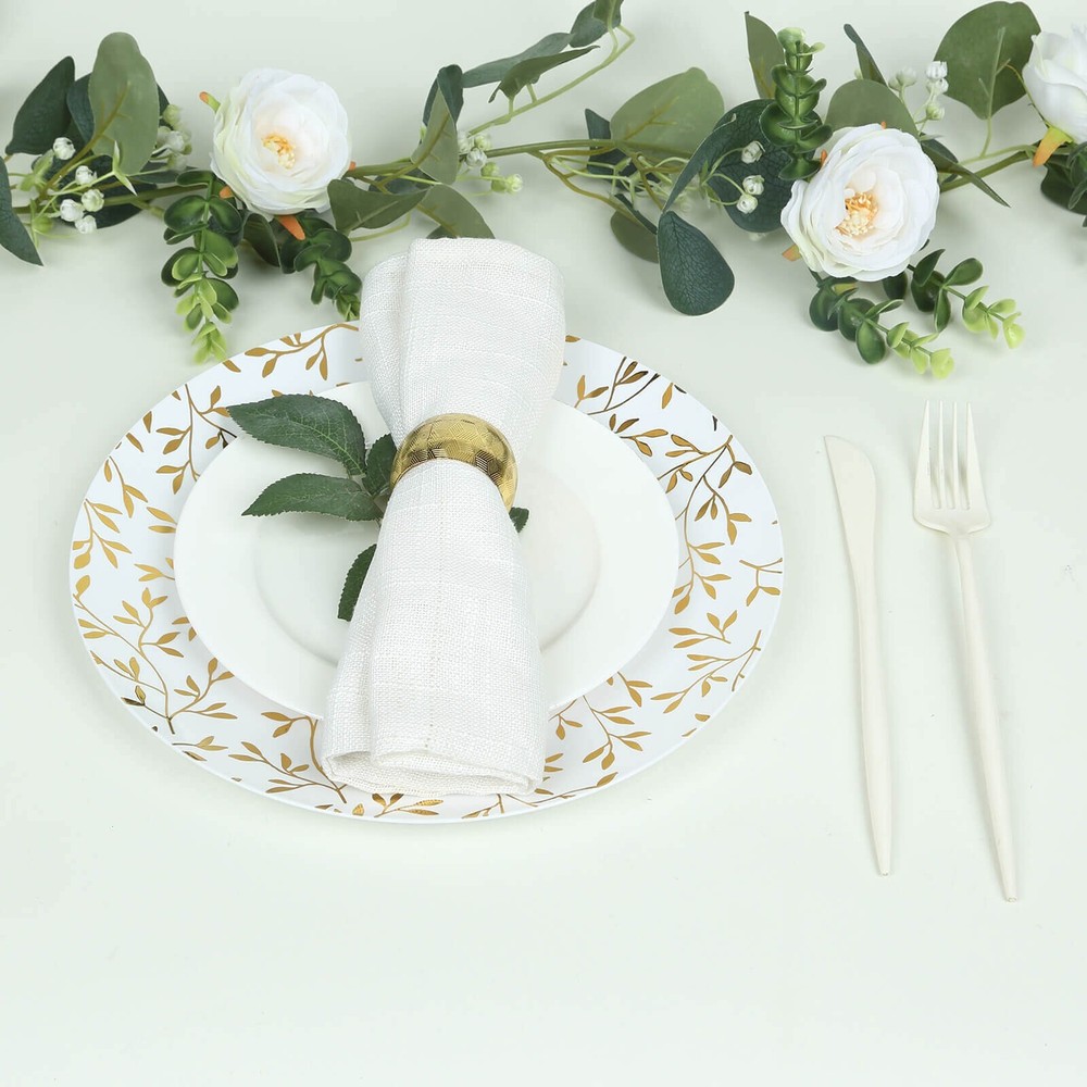 10 White 10" Round Plastic Salad Dessert Plates Gold Leaf Design Tableware
