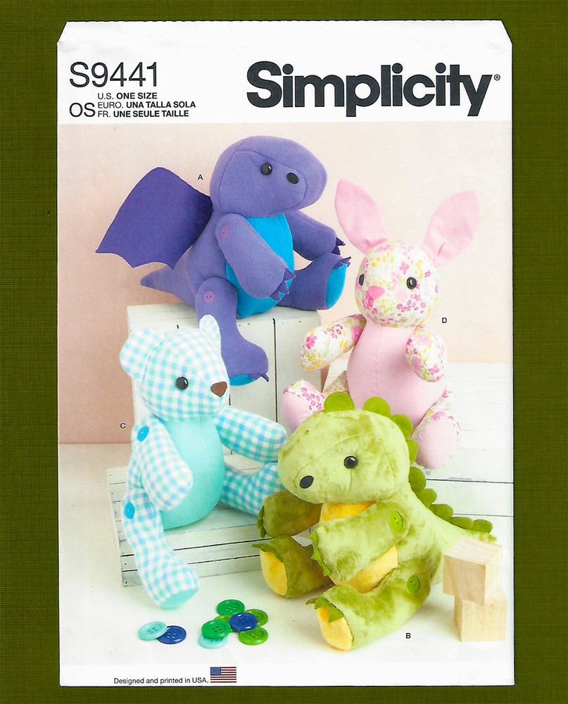 Dragon, Dinosaur, Bear, Bunny Stuffed Plushies Sewing Pattern~Simplicity 9441