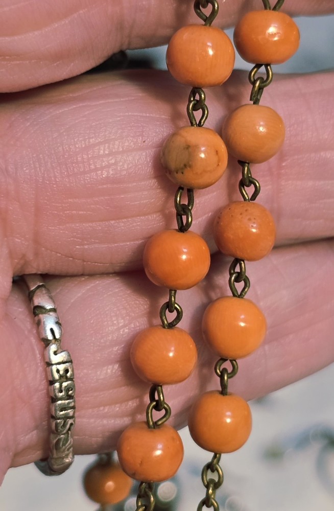 Antique French Rosary Real Angel Skin Coral Beads Silver Catholic Crucifix 22"