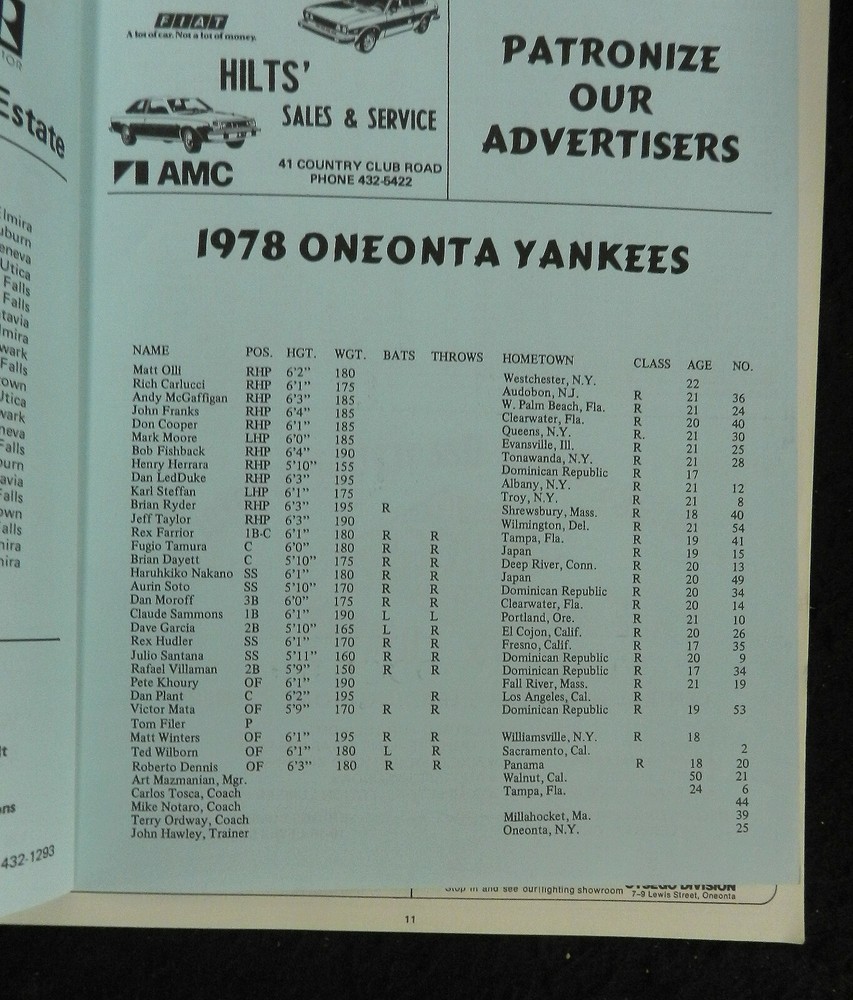 1978 ONEONTA YANKEES BASEBALL PROGRAM LINE UP SHEET & SCORED