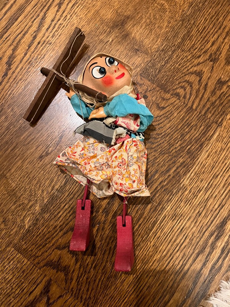 Vintage 1950'S Pull String Wooden Puppet German Female, 11”