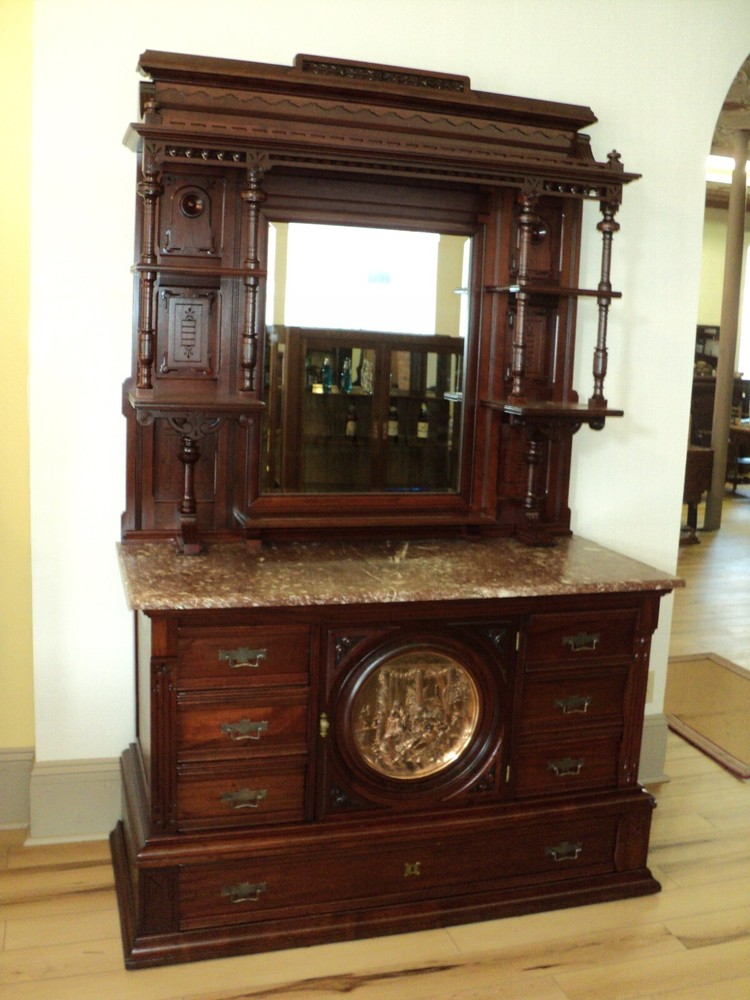 Late 19th Century Victorian Marble Top Cherry Buffet Sideboard with Mirror