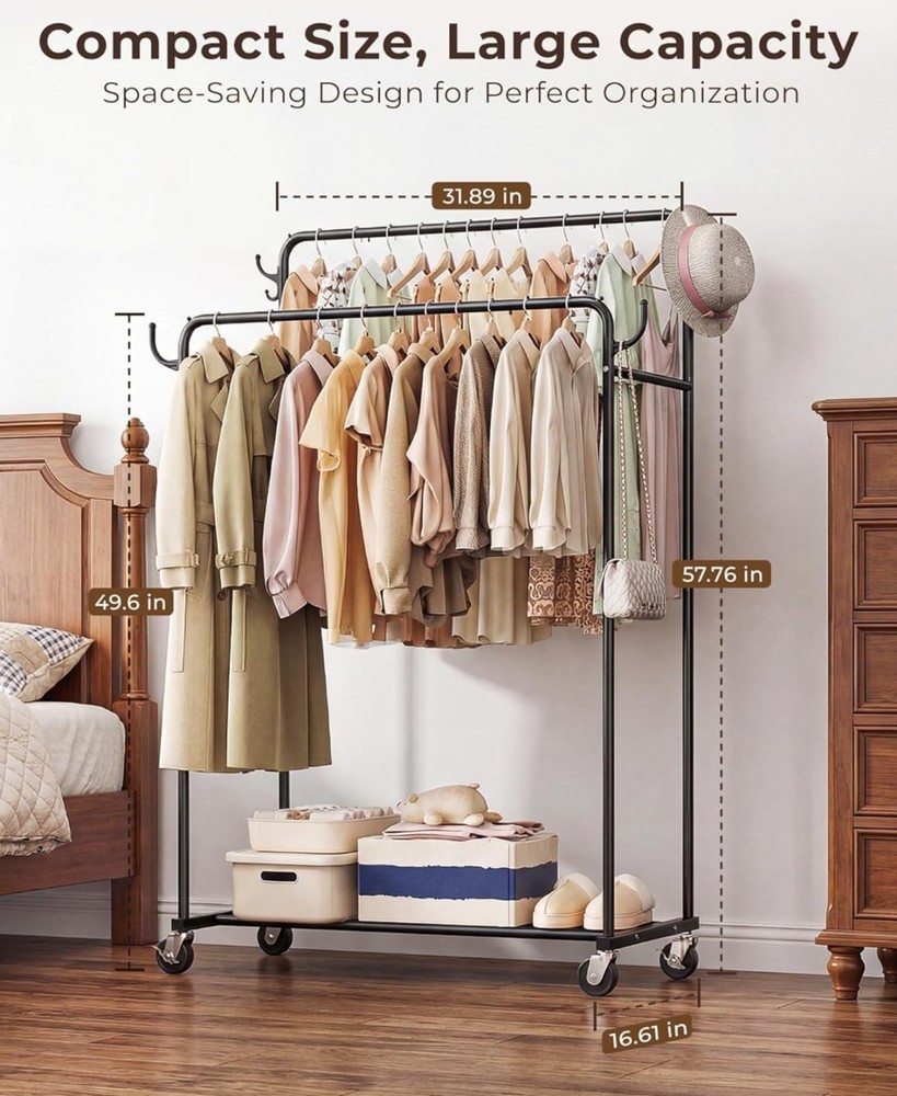 Portable Rolling Clothing Rack with Double Rods for Hanging Clothes
