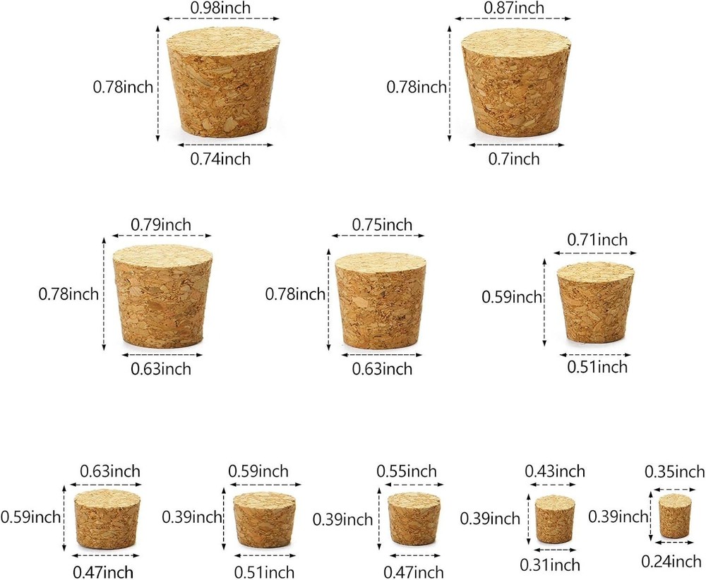100 Pack Assorted Cork Stoppers Wine Bottle Corks Plugs 10 Sizes Replacement