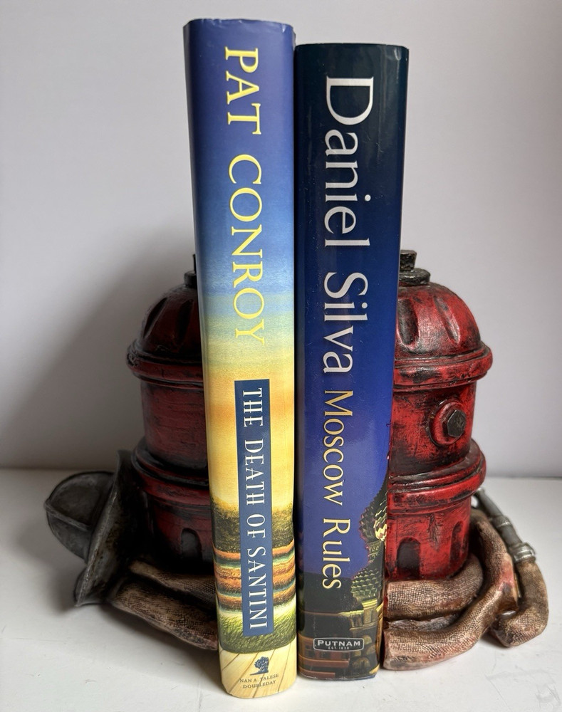 Bookends for Fireman, Red Fire Hydrant wrapped with Hose & FM hat, 6"tall