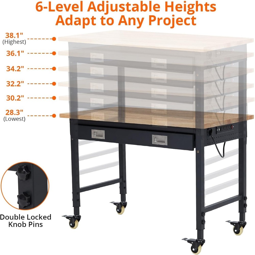 48" Adjustable Workbench 2000 LBS with Drawer Tool Storage Pegboard Workstation