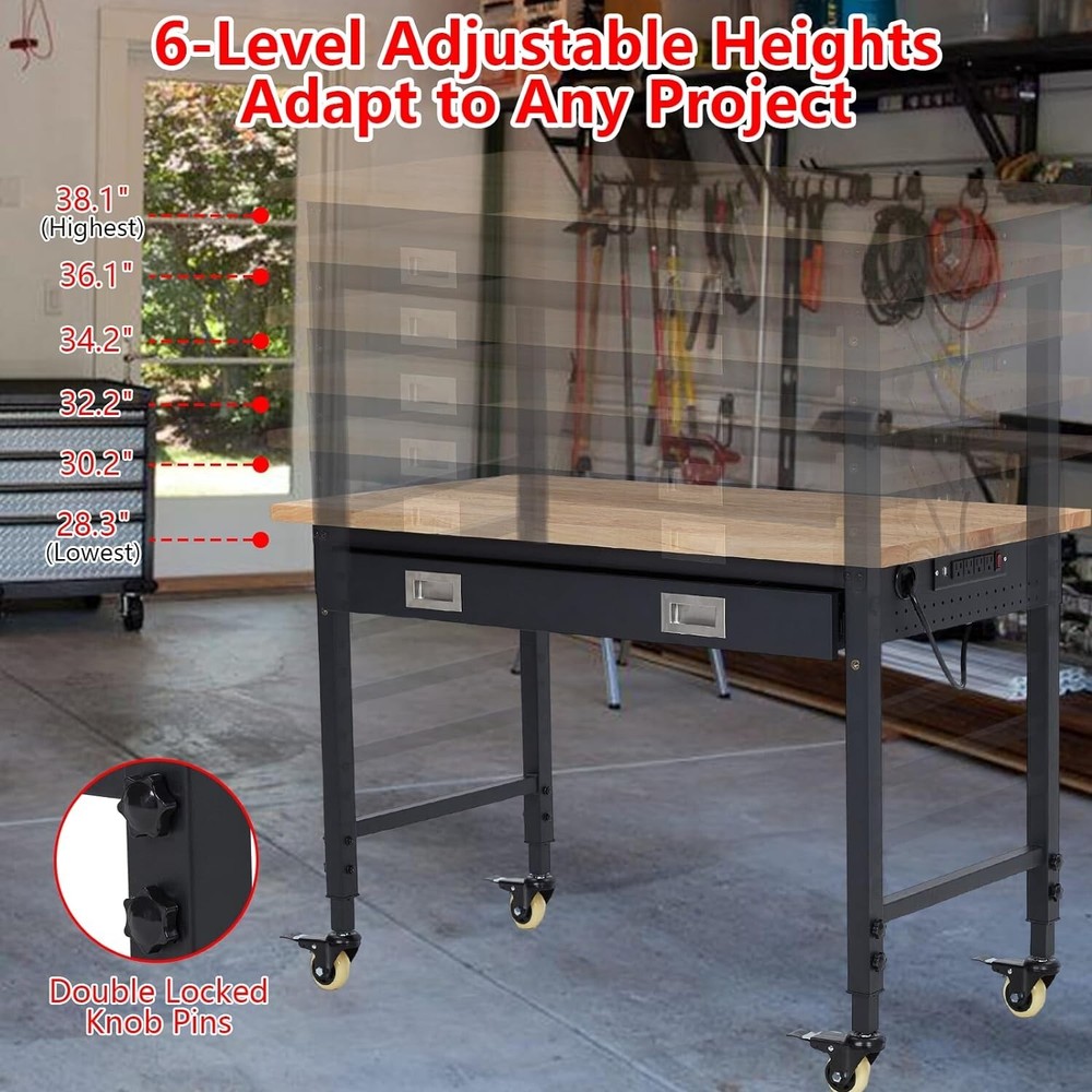 48" Adjustable Height Workbench 2000 LBS Workstation With LED Backplate & Drawer