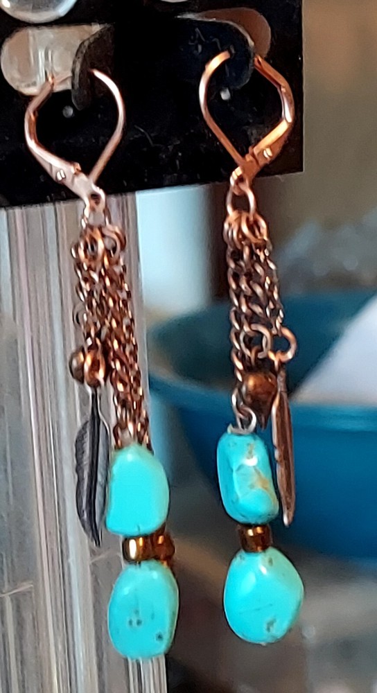 Turquoise Gemstone Earrings on Copper Leverbacks Dangle Chains Heart Leaf Charms
