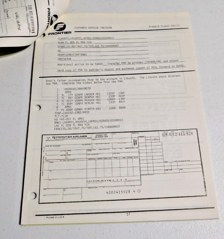 RARE VINTAGE FRONTIER AIRLINES PREPAID TICKET ADVICE PROGRAMMED INSTRUCTION