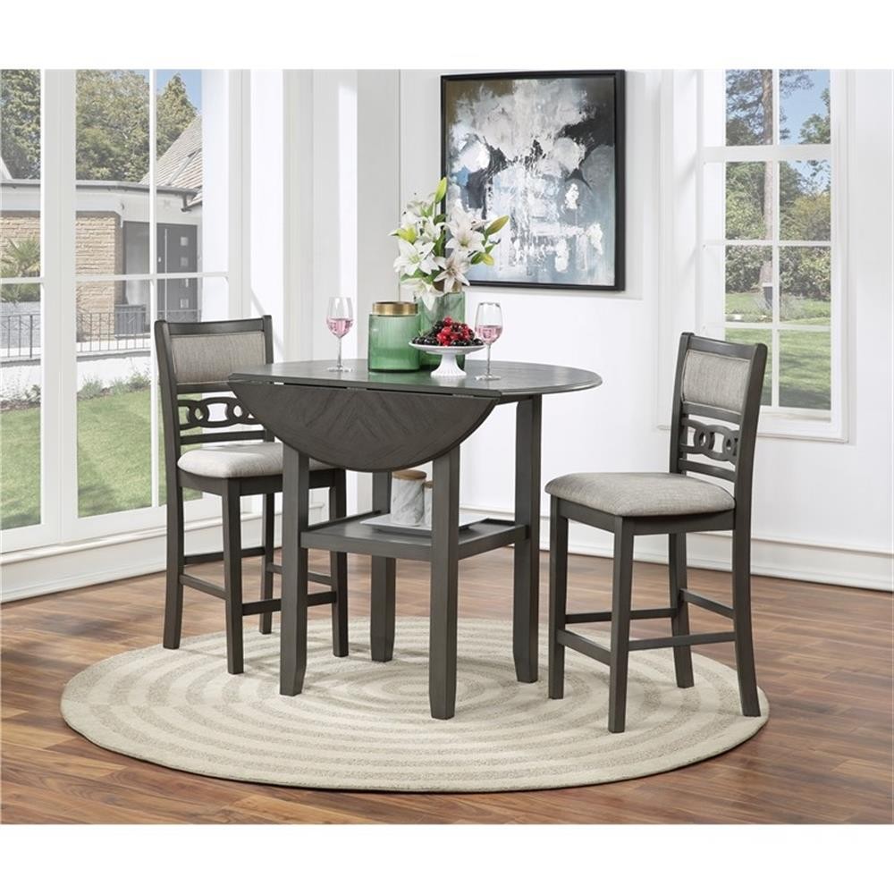 Pemberly Row Solid Wood Counter Drop Leaf Table W / 2 Chairs in Gray