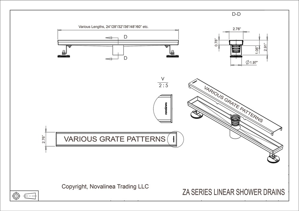Novalinea - 44 Inch Linear Shower Drain with Brick Pattern Grate
