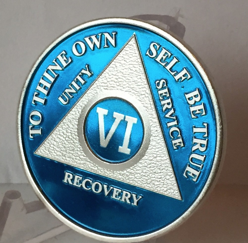Blue Silver Plated 6 Year AA Chip Alcoholics Anonymous Medallion Coin