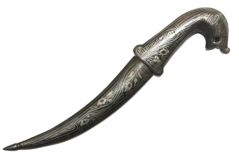 Dagger Knife Steel Blade Silver Wire Work crocodile face Handle sheath P 202