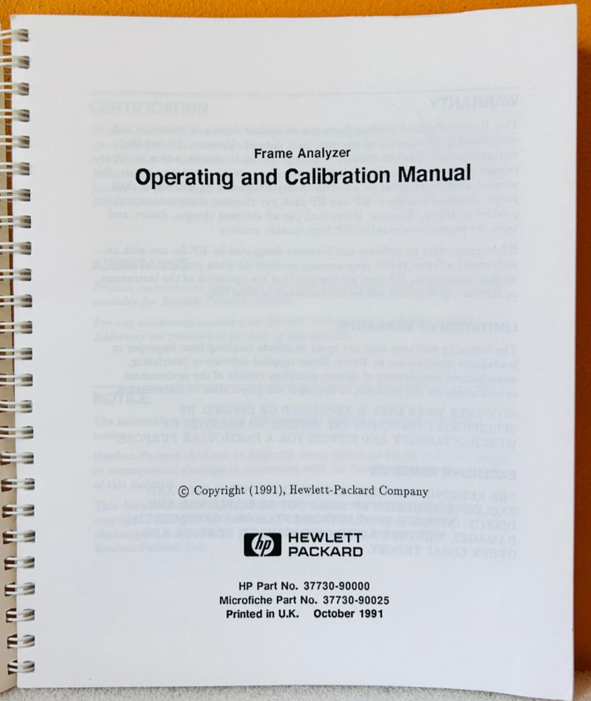 HP 37730-90000 1991 Model 37730A Frame Analyzer Operating & Calibration Manual.