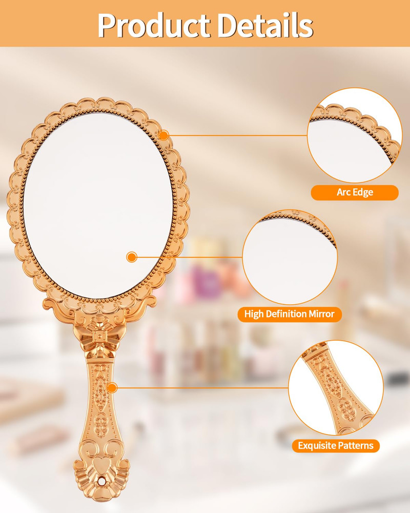 Vintage Handheld Mirror with Handle - Gold, Travel Size