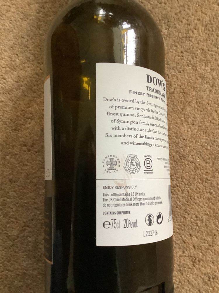 Empty Dow's Finest Reserve Port Bottle 75 cl