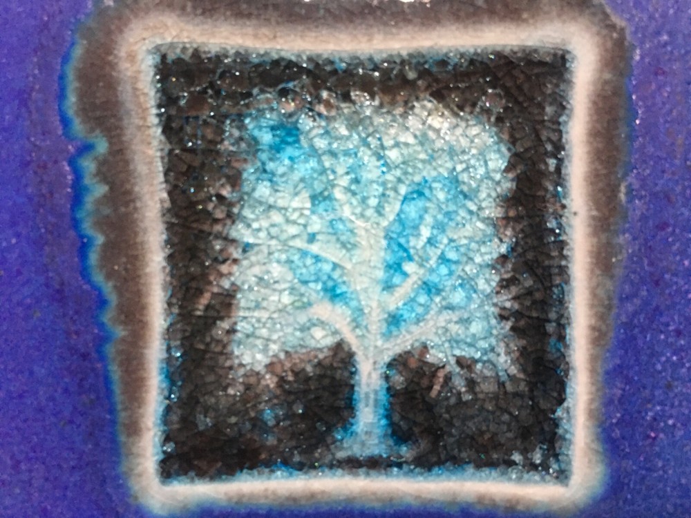 Michael Cohen stoneware 5.75” wall tile cobalt blue silver glitter tree center