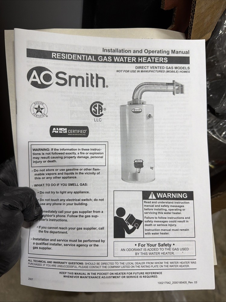 A. O. Smith® 50 Gal. Direct Vent W/Side Taps Natural Gas Water Heater Gdvt-50L-