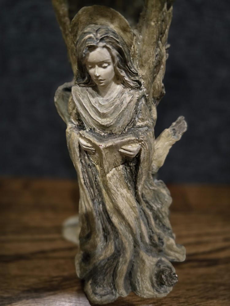Angel Playing Harp Resin Tree Candlestick Holder 9.5"