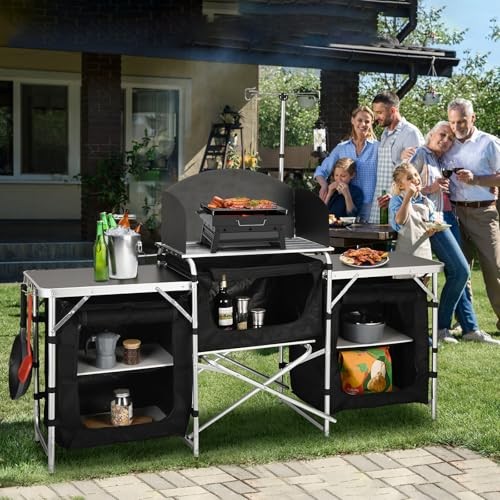 Cmaping KitchenTable, Aluminum Folding Camping Cook Black With Three Cupboard