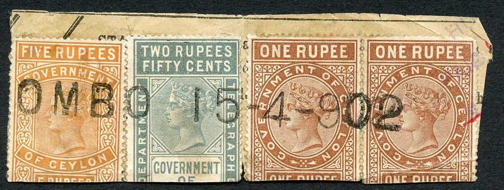 Ceylon Telegraph THREE COLOUR FRANKING on piece