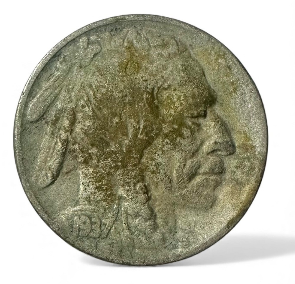 1937 Buffalo Nickel Struck Through Grease Missing Liberty