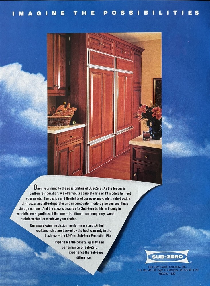 1993 SUB-ZERO Refrigerator Imagine the Possibilities Original PRINT AD