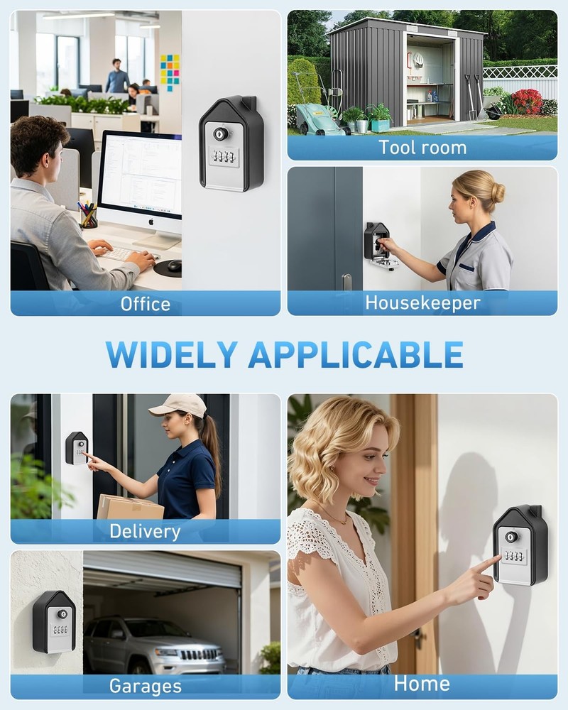 Wall Mounted Lock Box, Large Key Lock Box with Key, 4-Digit Combination Lock,...