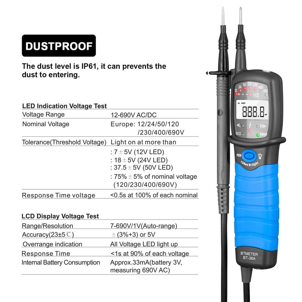AC/DC Voltage Phase Tester 690V Voltmeter Digital LEDs Phase Rotation Continuity
