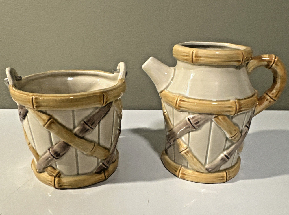 Vintage Image Inn Ceramic Creamer Sugar Set Bamboo Design