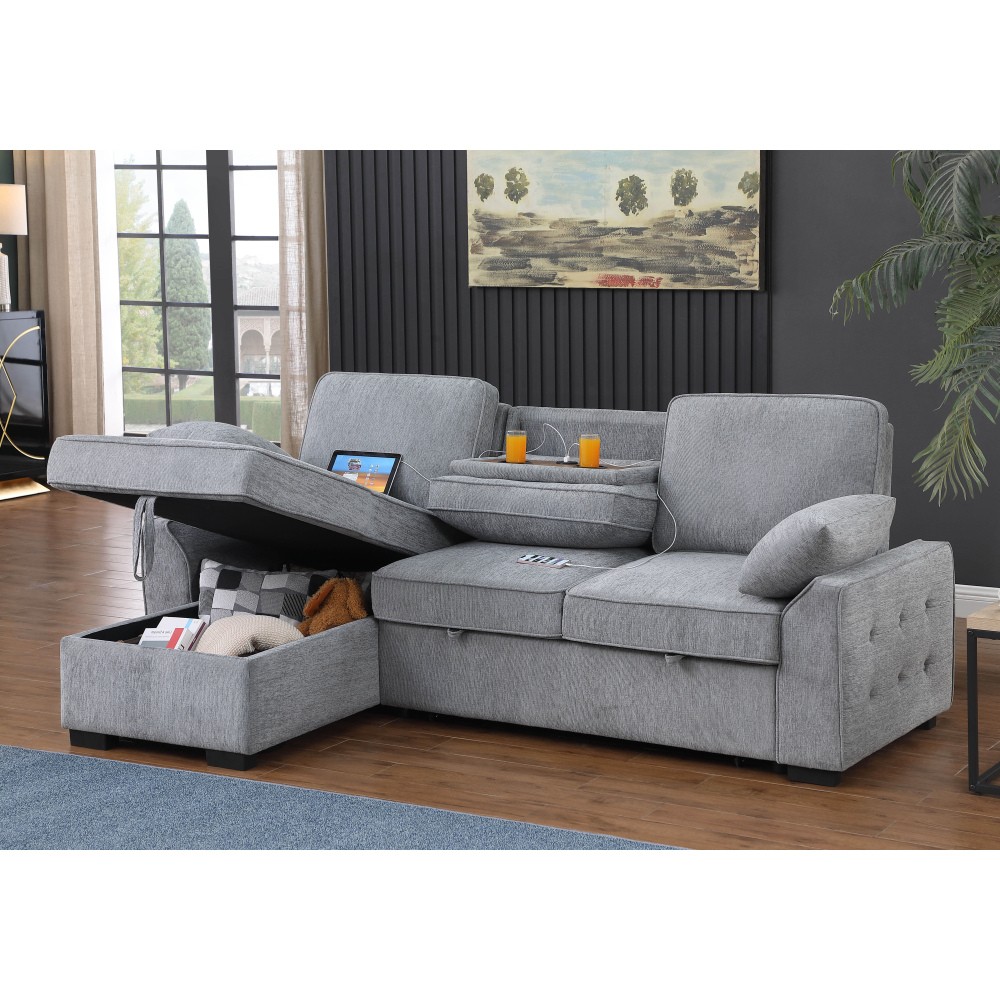 Light Gray 91"W Reversible Sleeper Sectional Chenille Storage Chaise & Table