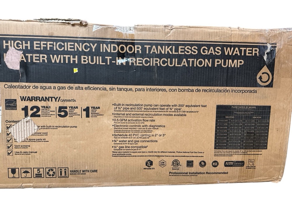 Rheem Indoor Recirculating Natural Gas Tankless Water Heater ECOH200DVRHLN (OB2)