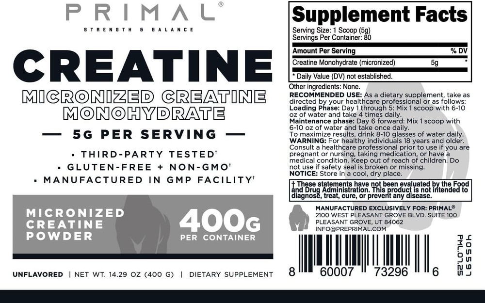 Primal Creatine Monohydrate Powder (400 Grams) | Unflavored Micronized Creatine