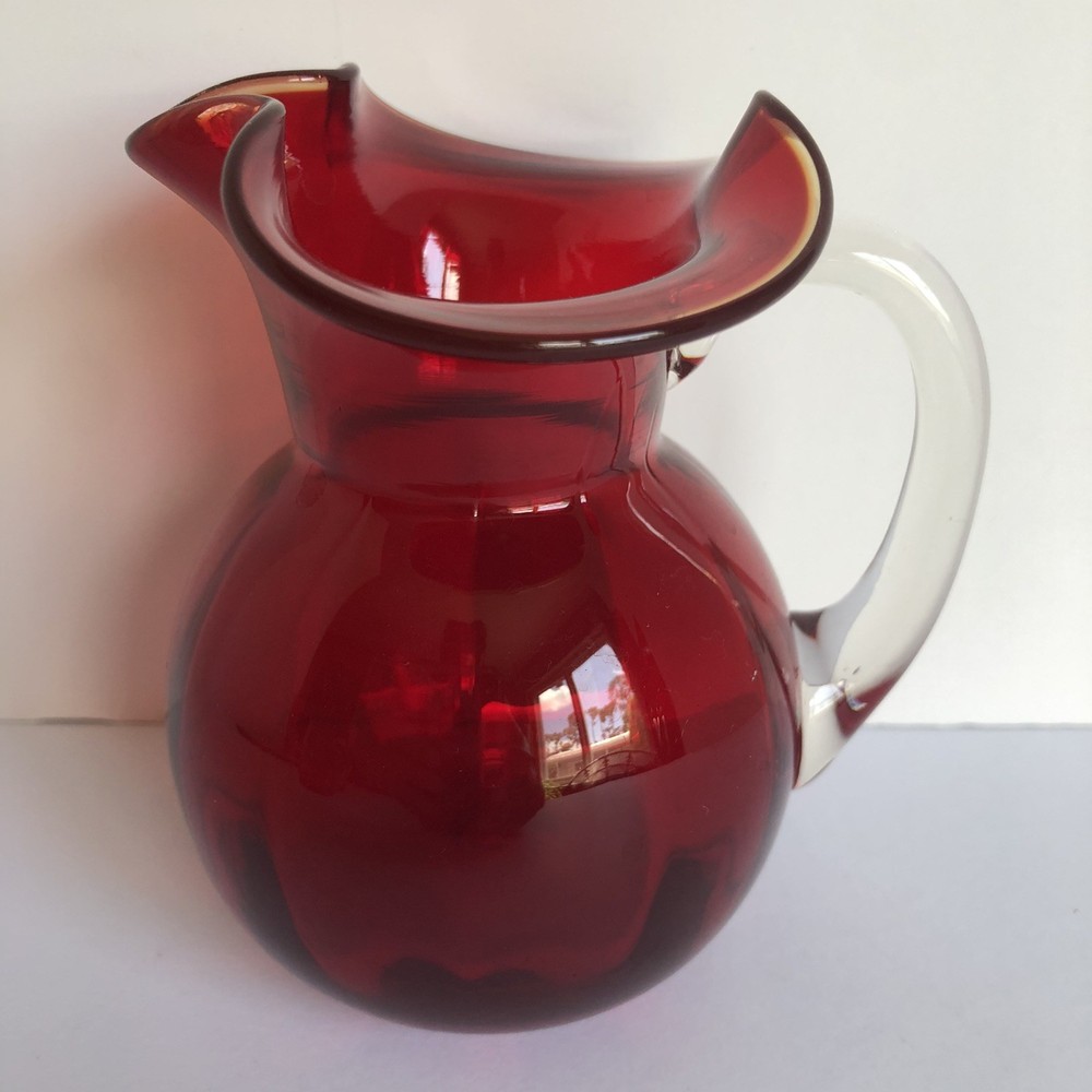 Vintage Ruby Red Hand Blown Glass Pitcher 4.5" Amberina Rim & Applied Handle