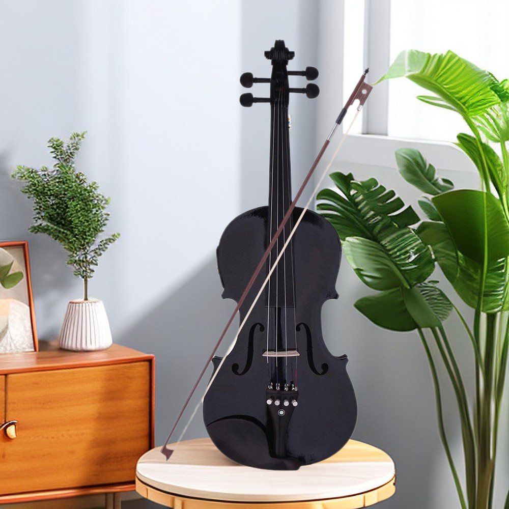 Black 4/4 Full Size Solid Wood Violin Set w/ EQ, Shoulder Rest, Electronic Tuner
