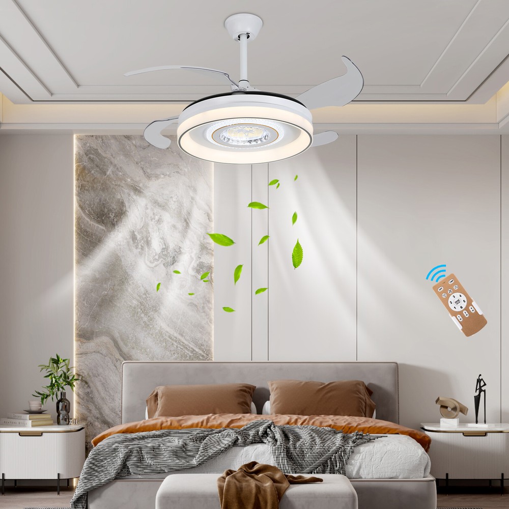 42in Modern Flush Mount Round Dimmable Ceiling Fan Light W/Remote White & Grey