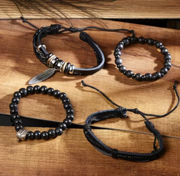 4 PC Unisex Leather Bracelet Stackable Adjustable Tie New Free Ship 7456