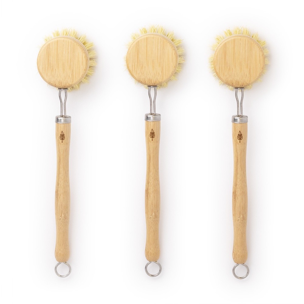 PLANT OATH Replaceable Long Handle Bamboo Dish Brush - 3 PACK | Sustainable Gift