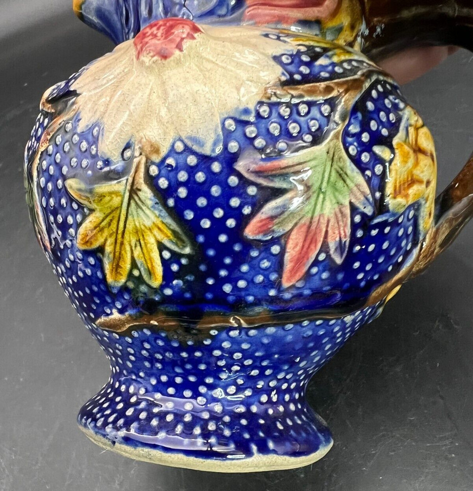 Majolica Cobalt Dragon Handle Flower Pitcher