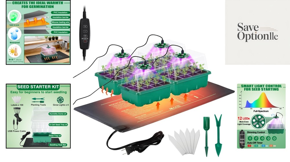 Seed Starter Tray with Grow Light & Heat Mat- 4 Pack 48 Cell Durable Easy Use...