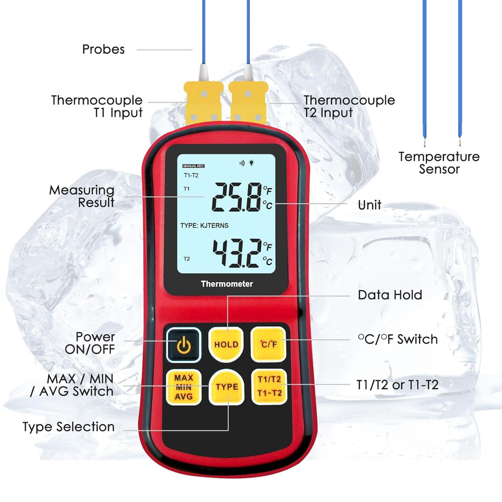 Digital K Type Thermocouple Thermometer, Dual Channel Thermometer with Two K Typ