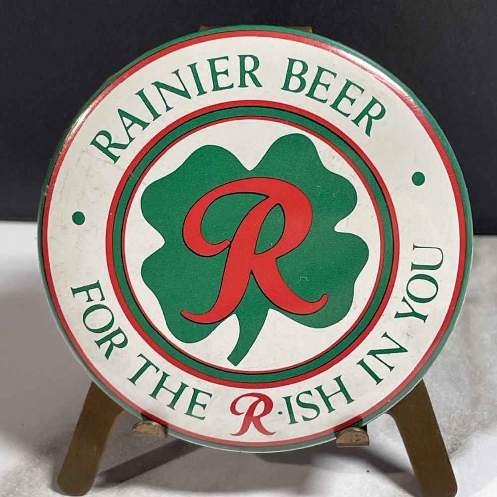 Vintage Rainier Beer 4 Leaf Clover 2 1/4” Pinback Button HS29a
