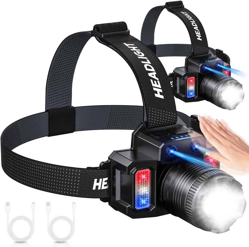 Headlamp Rechargeable 2 Pack, Motion Sensor Headlamp Super Bright LED Flashlight
